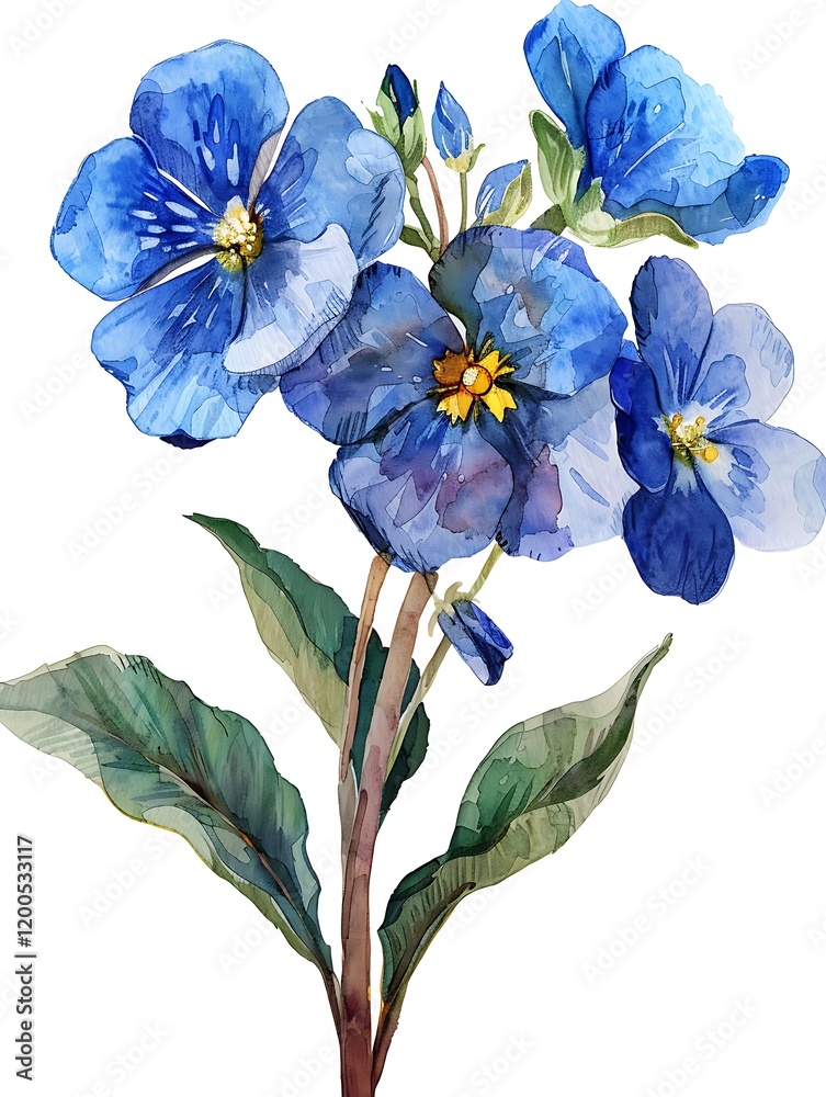 Fototapeta premium Watercolor Blue Primrose Isolated on White Background. Beautiful Primrose Flower