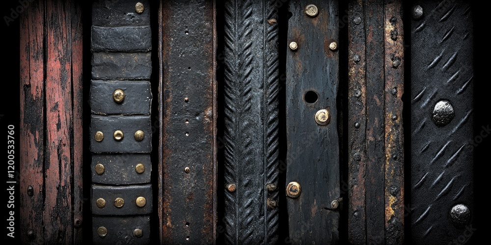 Fototapeta premium Old worn leather and wood textures. Background dark. Design use