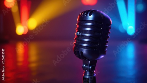 Vintage black microphone perched elegantly on a black stand, gazing to the right against a dark, blurred backdrop. A subtle reflection enhances its mystique, inviting stories untold