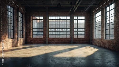 spacious industrial loft with exposed brick walls, large windows, concrete flooring, and abundant natural light, showcasing urban minimalist architecture.
