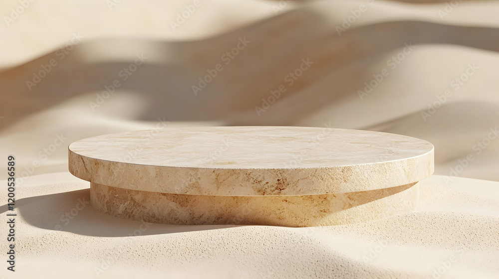 Beige Marble Pedestal on Sandy Beach, podium, platform, display, stand, dunes Beige Marble Pedestal on Sandy Beach, podium, platform, display, stand, dunes