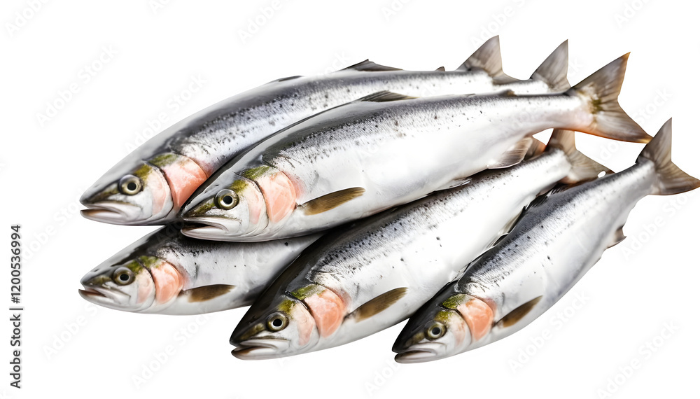 A collection of salmon fish, arranged together on a plain white background.