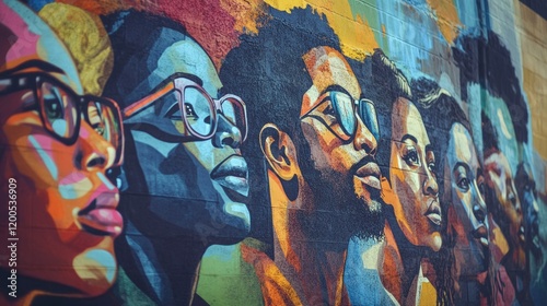 Diverse faces mural, urban art, city background, hope concept, social justice
