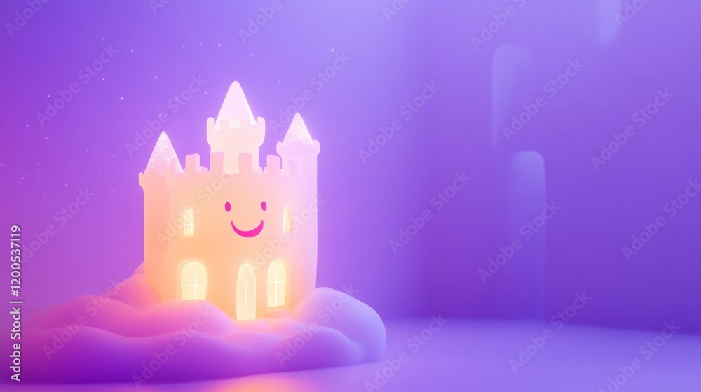 Fototapeta premium Smiling castle in a dreamy purple landscape. Magical and whimsical.