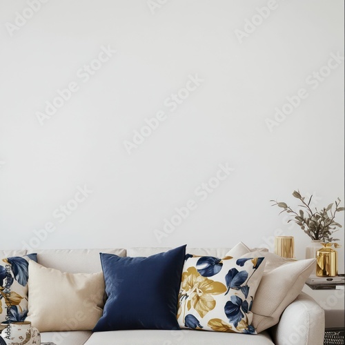 modern beige sofa adorned with floral and solid navy blue throw pillows against a minimal white wall creating a cozy interior design
