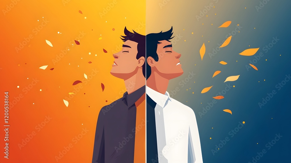 Two Men Divided By Autumn Leaves Representing Duality Two Men Divided By Autumn Leaves Representing Duality