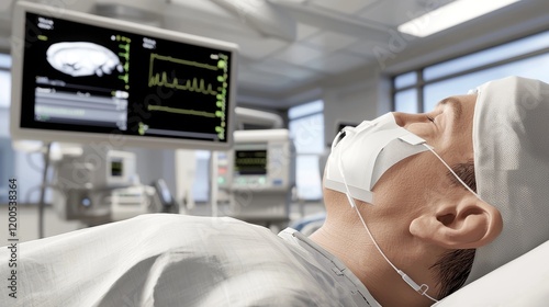 Patient resting in a hospital operating room,  monitoring equipment visible in the background.