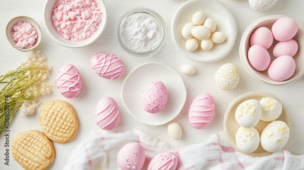 A flat lay Easter background featuring baking ingredients and egg-shaped cookies. A flat lay Easter background featuring baking ingredients and egg-shaped cookies.