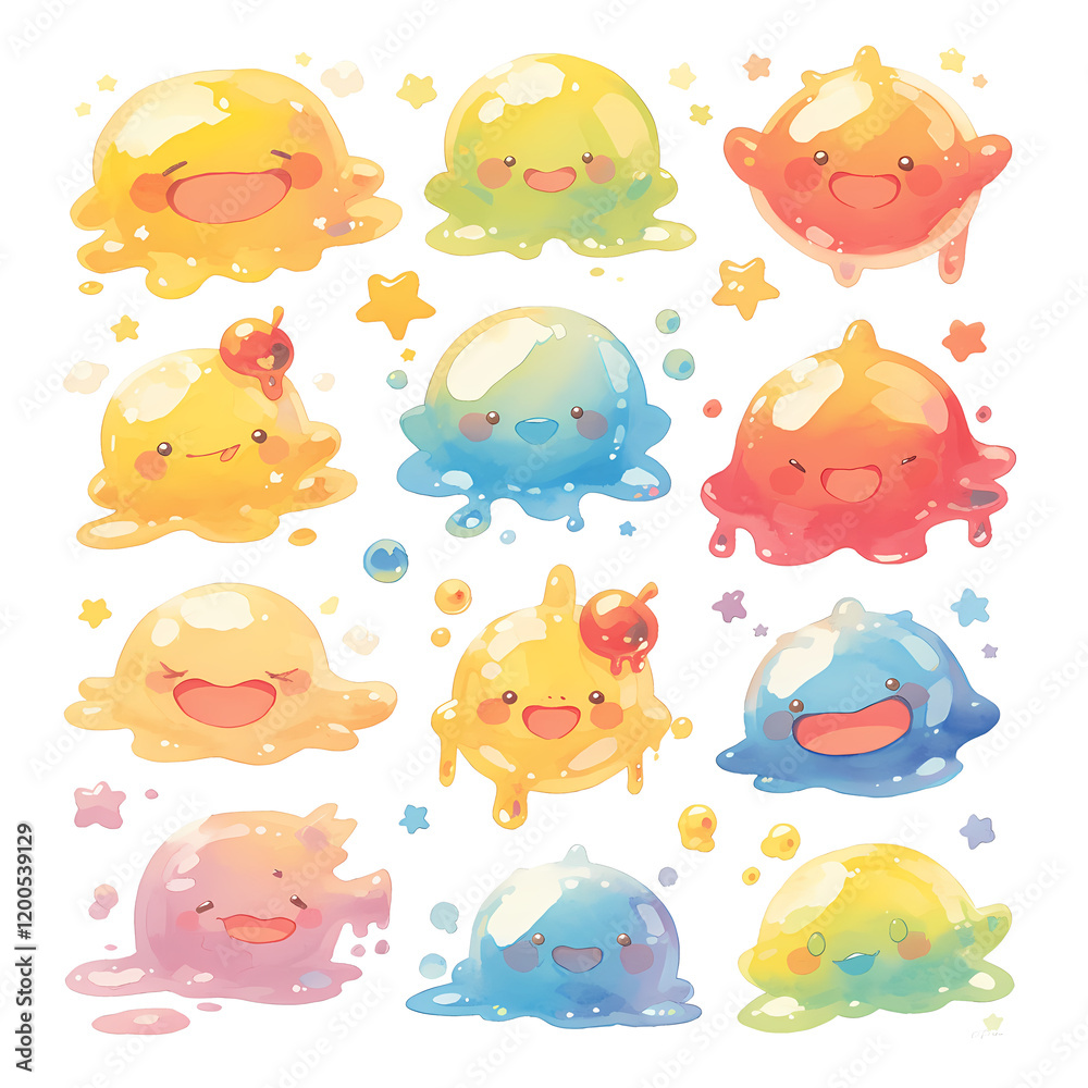 Fototapeta premium Adorable pastel slime creatures in various cheerful poses.