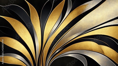 Wallpaper Mural A dynamic abstract design featuring flowing gold and silver ribbons against a dark background. Torontodigital.ca