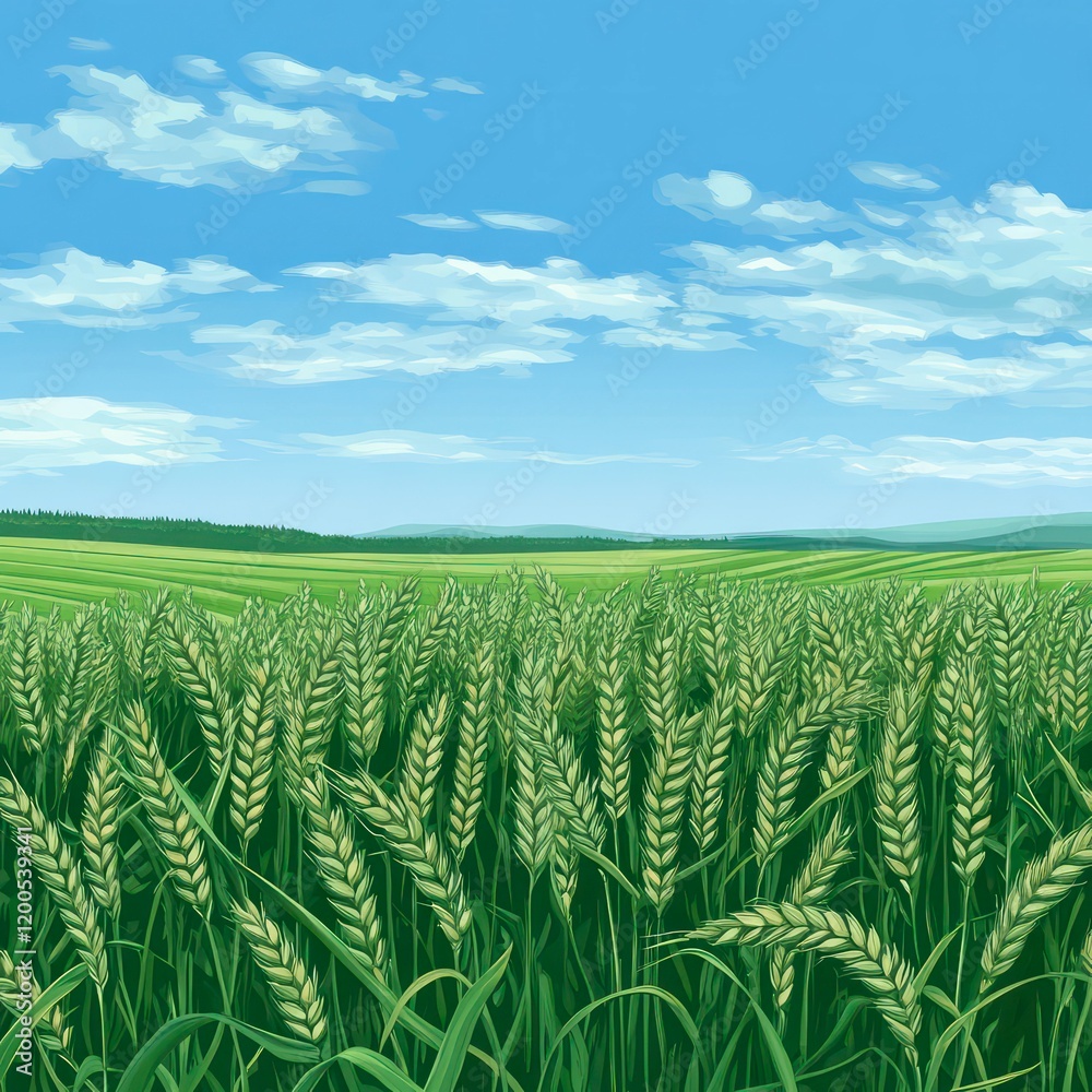 lush green wheat field under a bright blue sky with soft clouds, showcasing serene countryside beauty and agricultural abundance. lush green wheat field under a bright blue sky with soft clouds, showcasing serene countryside beauty and agricultural abundance.