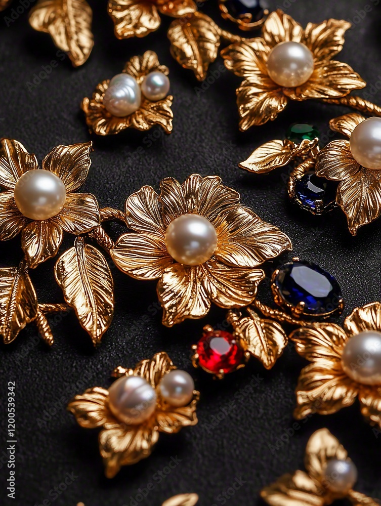 Fototapeta premium Gold floral jewelry with pearls and gemstones.