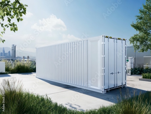 a sleek white containerized battery energy storage system outdoors, modern sustainable energy solution, surrounded by greenery and urban backdrop.