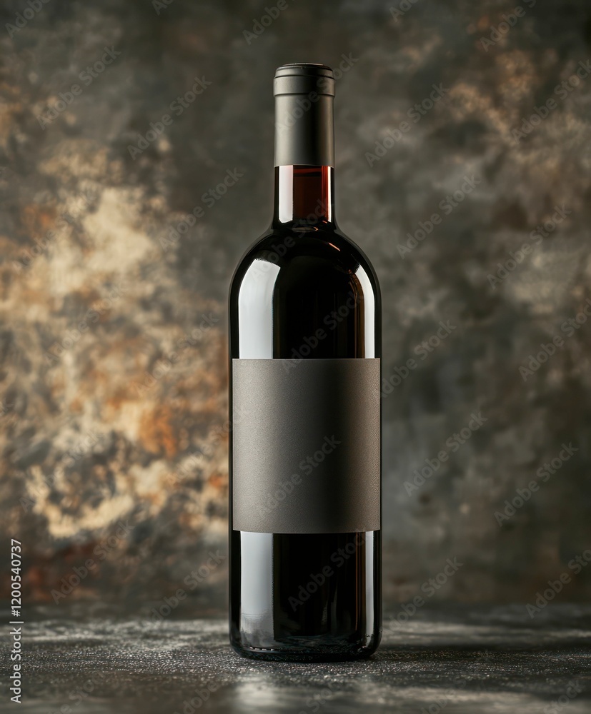 Fototapeta premium elegant wine bottle with dark glass, minimalistic design, standing on textured surface, artistic lighting, rustic and sophisticated aesthetic.