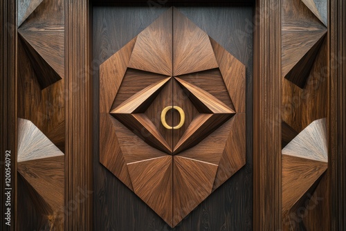 Intricate geometric walnut wood double door with gold door knocker. photo