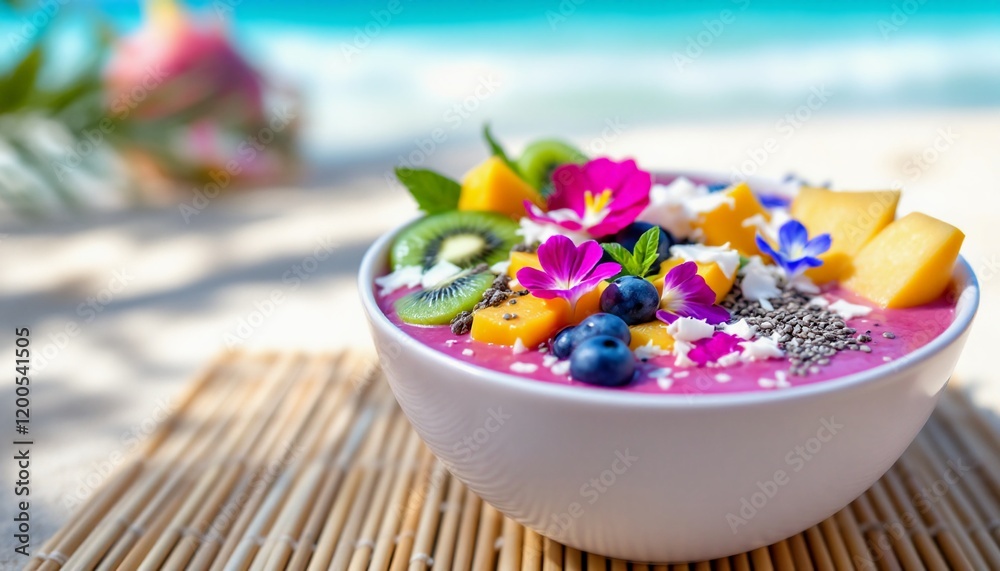 Smoothie Bowl with Kiwi, Mango, Blueberries, and Edible Flowers on Bamboo Mat Smoothie Bowl with Kiwi, Mango, Blueberries, and Edible Flowers on Bamboo Mat