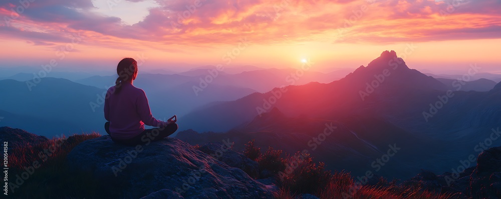 Obraz premium Woman meditates on mountaintop at sunset, serene landscape background, peaceful yoga pose
