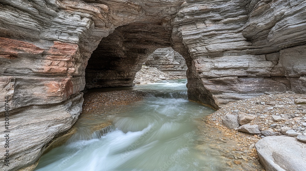 Mountain river flowing through natural rock arch Mountain river flowing through natural rock arch