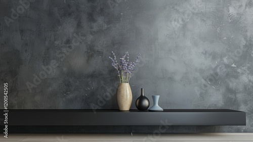 A contemporary living area with a dark stone gray wall, light ash floors photo