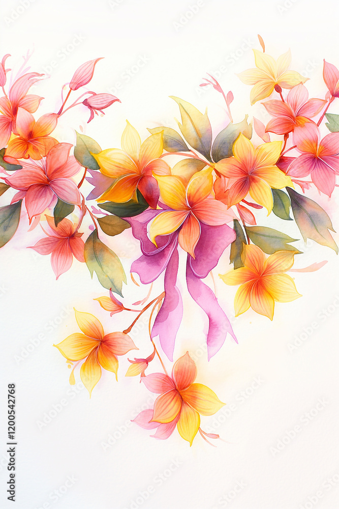 Obraz premium Watercolor painting of vibrant plumeria flowers with purple ribbon
