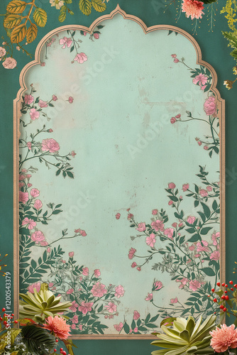 Elegant floral frame with pink flowers and green leaves on light green backgr...