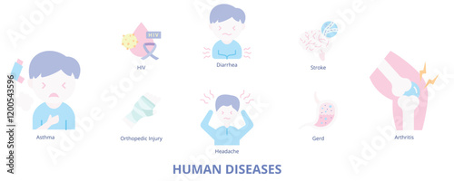Human Diseases Flat Banner Web Icon Set Vector Illustration, Diarrhea Gerd HIV Asthma Stroke Arthritis Orthopedic Injury Headache