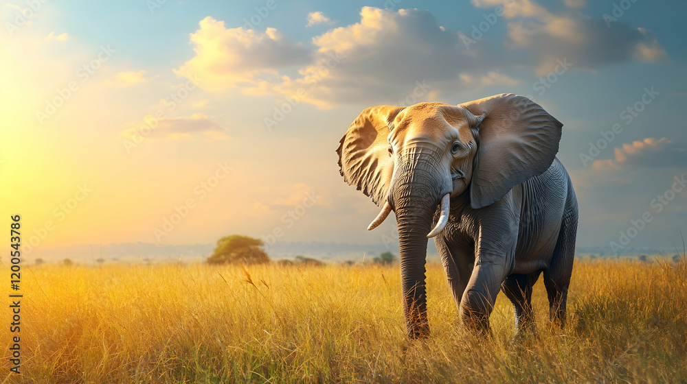Fototapeta premium Majestic Elephant at Sunset in African Savanna, african elephant, grassland, sunrise, golden hour, wildlife