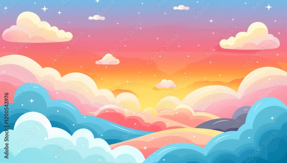 Cartoon illustration of a colorful sunset with fluffy clouds. Cartoon illustration of a colorful sunset with fluffy clouds.