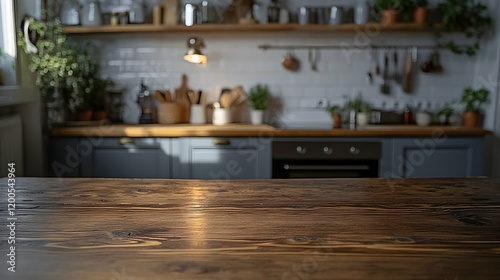 Wallpaper Mural Rustic Wooden Tabletop with Blurred Kitchen Background, wood texture, blurred background, out of focus, countertop, wood grain Torontodigital.ca