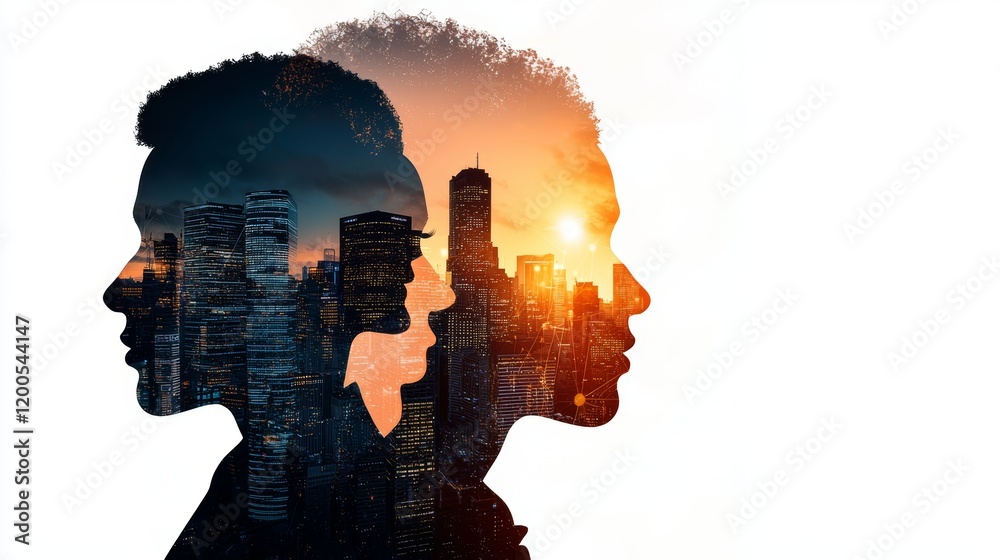 Two profile silhouettes of people, interwoven with a cityscape and sunrise/sunset overlay, suggesting interconnectedness, urban life, and personal growth. Two profile silhouettes of people, interwoven with a cityscape and sunrise/sunset overlay, suggesting interconnectedness, urban life, and personal growth.