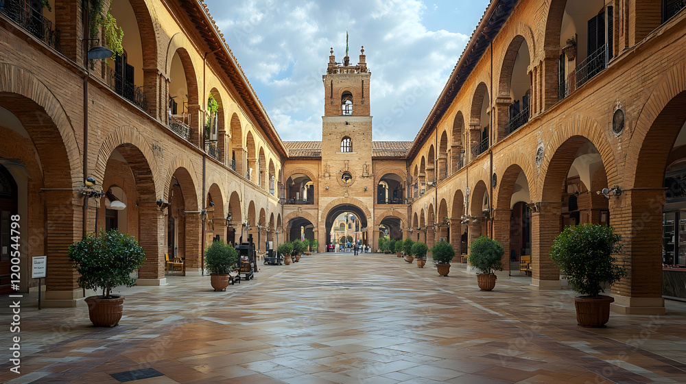 Fototapeta premium Majestic Courtyard with Arched Colonnades and Bell Tower, arches, architecture, building, brick, stone