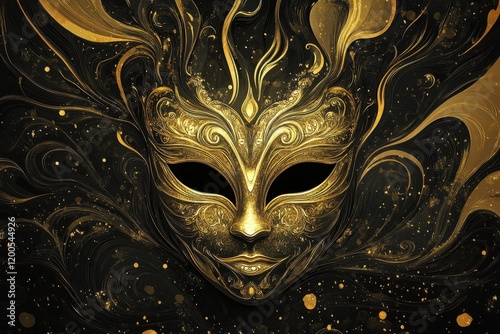 Ornate Golden Mask in a Swirling Black Background photo