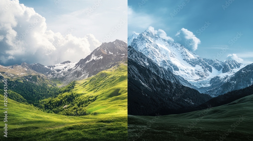 Fototapeta premium Split mountain scene; summer side with green fields, winter side with snow, for nature display