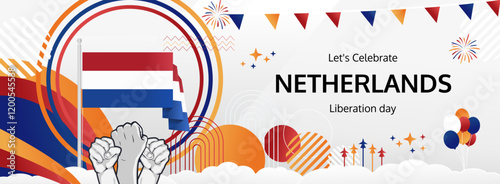 Netherlands Liberation Day modern greeting banner. 5th May Happy National Day. Holidays abstract concept in pop colors. Great for event like carnival, feast poster, support, culture and tourism
