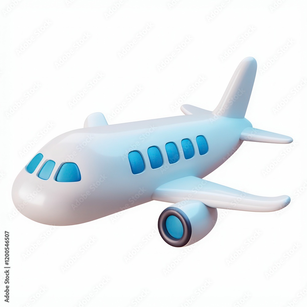 Obraz premium 3D illustration of a toy airplane with white body, blue accents, simple design, playful, and minimal aesthetic for aviation theme.