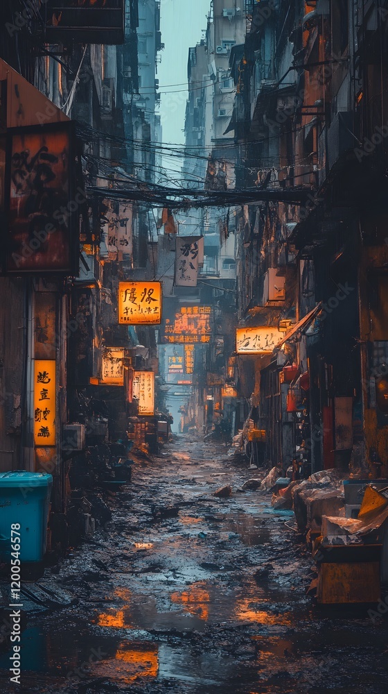 Moody urban alleyway at dusk, featuring neon lights and puddles reflecting their glow. Moody urban alleyway at dusk, featuring neon lights and puddles reflecting their glow.