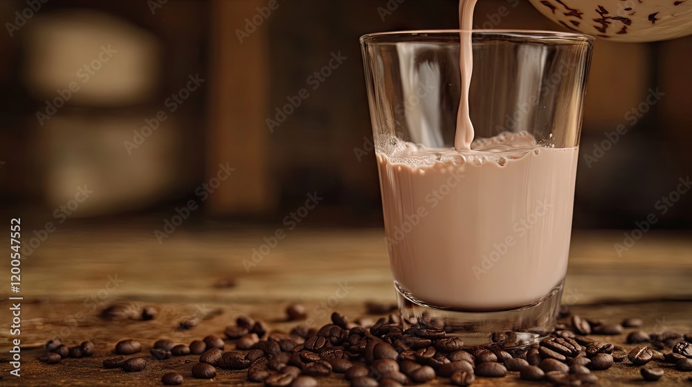 Cocoa being poured into a glass with a backdrop of coffee beans and tea leaves. Cocoa being poured into a glass with a backdrop of coffee beans and tea leaves.