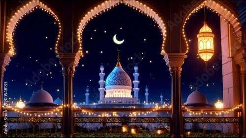 Serene Ramadan Night: Mosque View from Palace Balcony