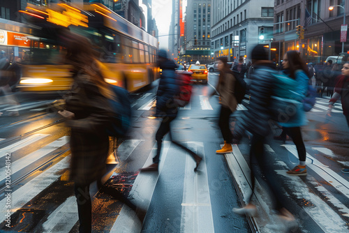 Crowds of people crossing Pedestrians on busy city street, with motion blur to emphasize the hustle and bustle. Rush hour.