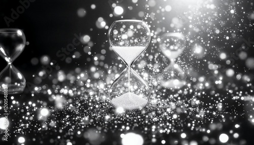 Hourglass on black background with bokeh. Concept of time, deadline, urgency, and transience. photo