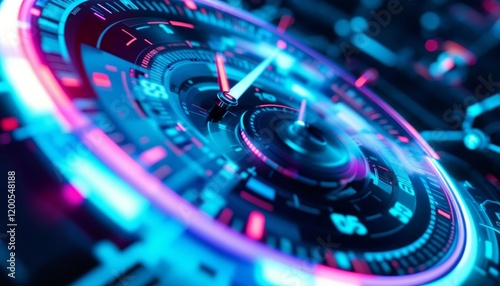 Futuristic Technology Interface with Neon Clock. Concept of Time, Innovation, and Technology.