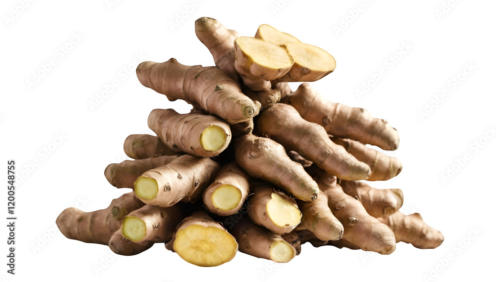 Fototapeta premium Ginger roots stacked on one another, creating a balanced pile on a white background.