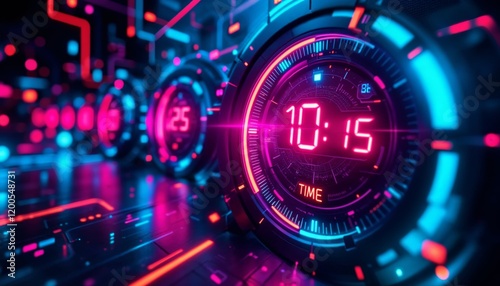 Futuristic digital clock with neon lights. Concept of time, technology, and innovation.