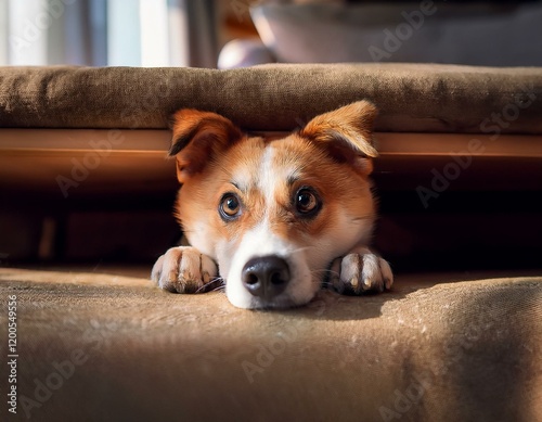 ソファの下からひょっこり顔を出す遊び好きな犬 photo