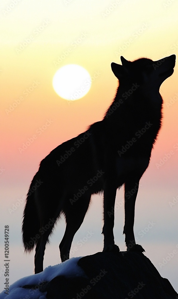 Wolf silhouette howling at sunset.