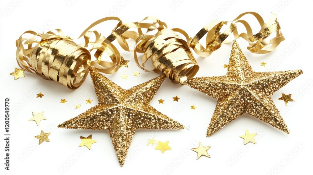 Glittering gold stars and ribbons create a festive decoration for celebrations. Glittering gold stars and ribbons create a festive decoration for celebrations.