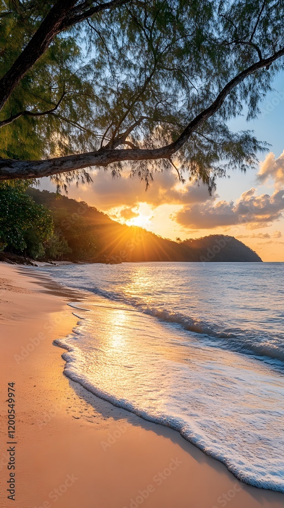 Golden sunset over a tranquil beach with gentle waves and lush greenery. Golden sunset over a tranquil beach with gentle waves and lush greenery.