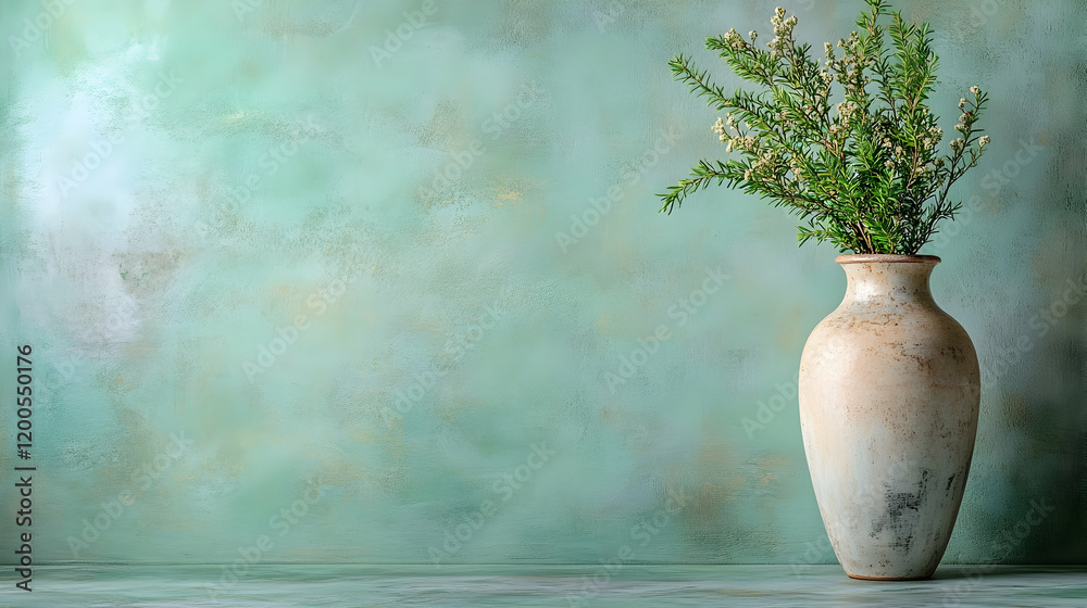 Rustic Vase with Flowers Against a Textured Green Background, textured wall, vintage, antique, floral arrangement, home decor