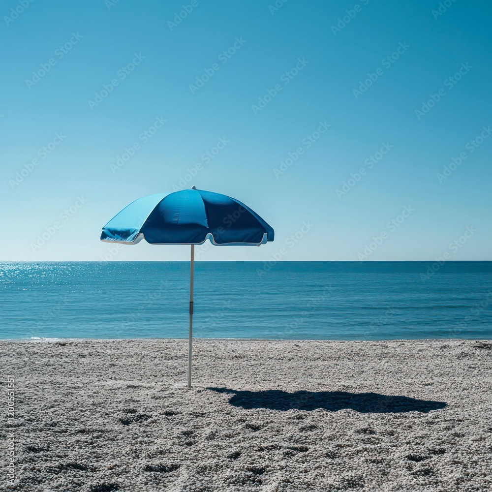 minimalist beach scene with blue umbrella casting shadow on sand, calm sea horizon, clear sky, serene and tranquil atmosphere.