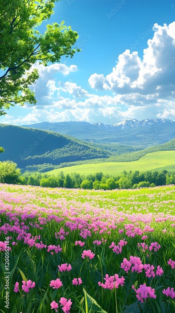 Vibrant spring landscape with lush green hills and blooming pink flowers under a blue sky.